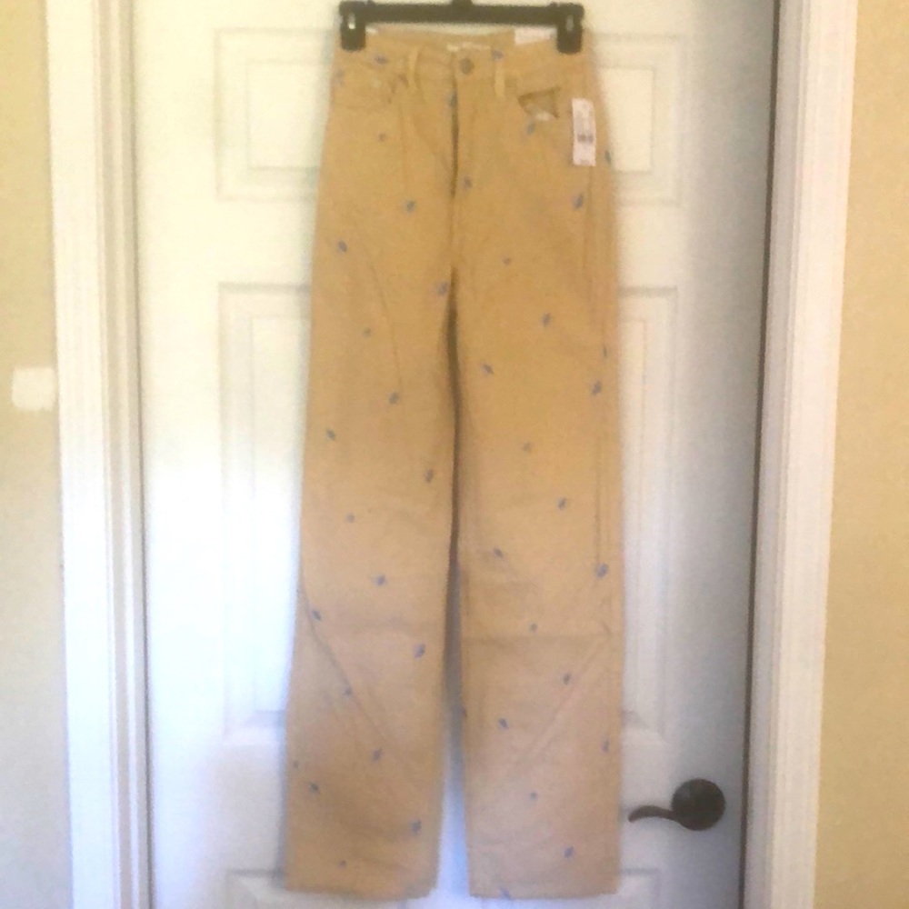 Corduroy pants with blue mushroom pattern
